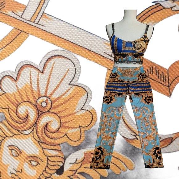 Versace style 3 Piece Stretchy Ensemble Jacket Crop Top Pant Medusa chic - Picture 6 of 16